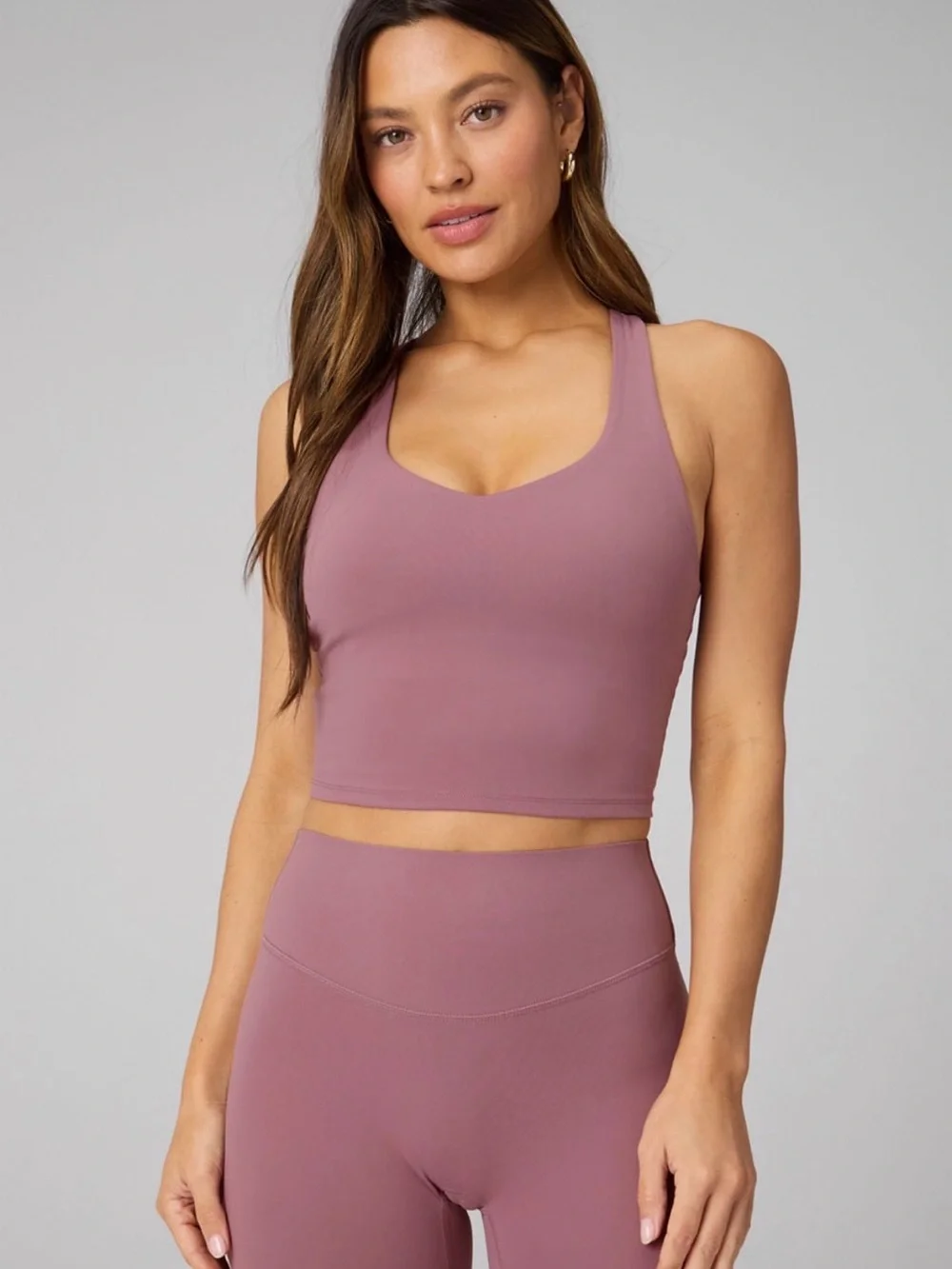 Fabletics Mushroom Mauve Ribbed High-Waist Legging & Built-in Bra Tank Set